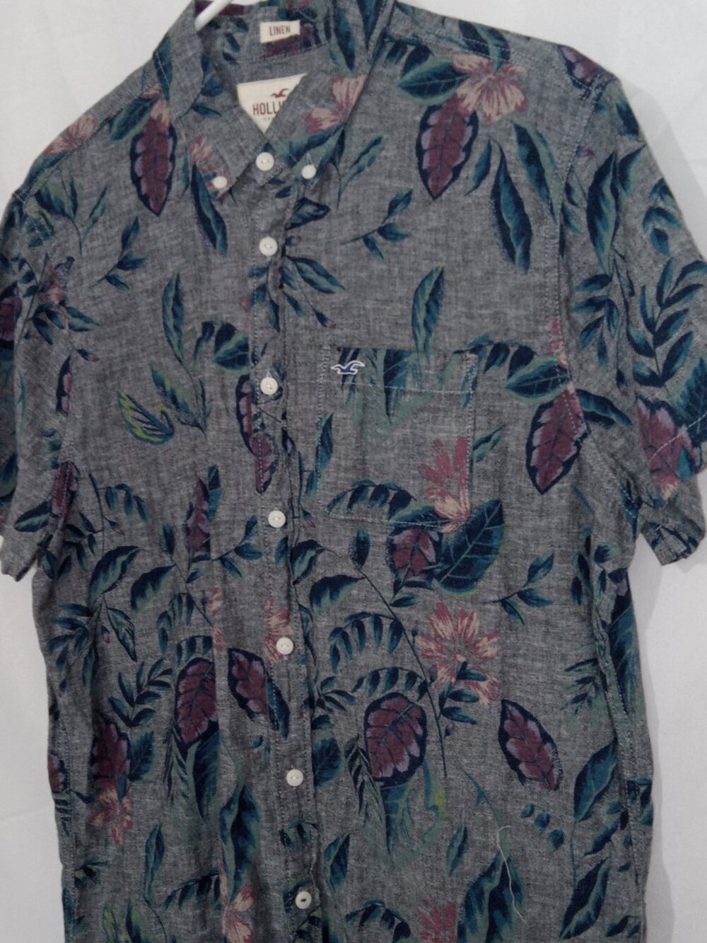 Hollister Linen Camp Shirt Mens L Gray Floral Collar Short Sleeve Preppy Coastal - Picture 2 of 11